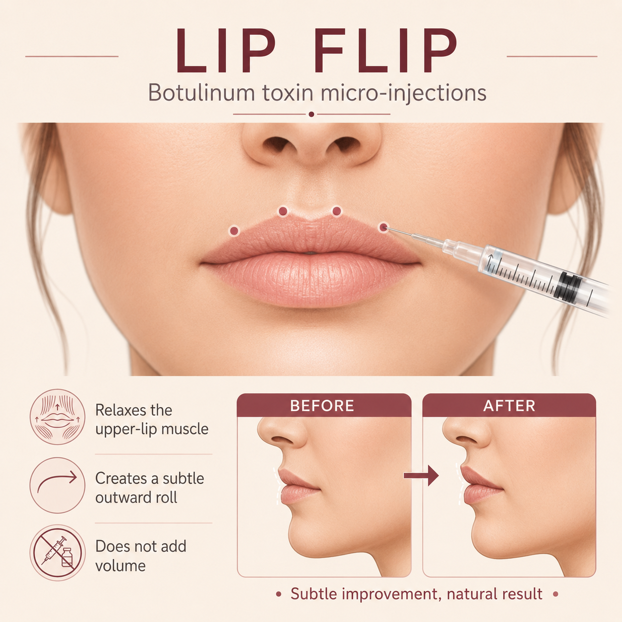 Infographic showing how a lip flip works: weakening the muscles that pull the lip down allows the upper lip to turn upwards