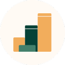 Three vertical bar chart columns of varying heights in teal, dark green, and orange on a light circular background.