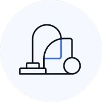 Minimalist line art icon of a vacuum cleaner with a hose and round body.