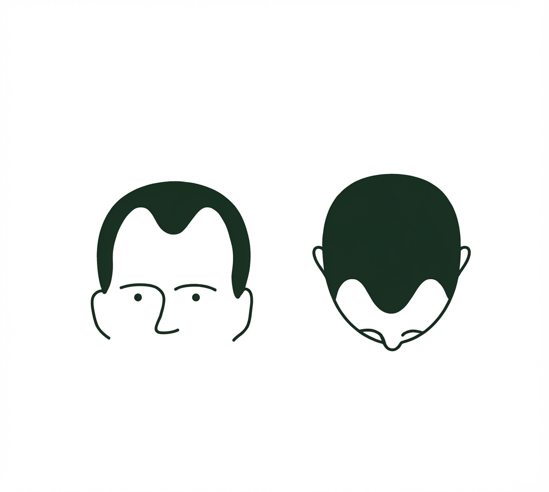 Simple illustration showing a man's head with receding hairline from front and top views.