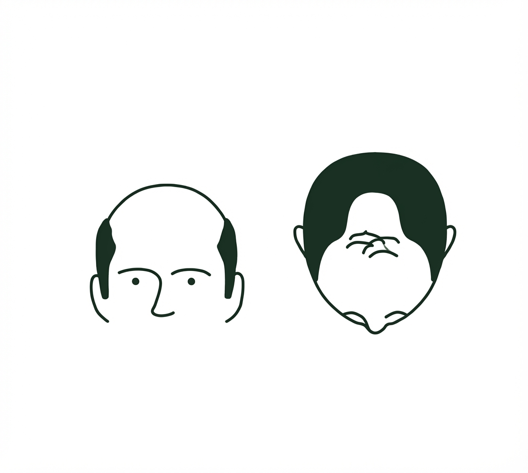 Two minimalist illustrations of a bald man’s head, one facing forward and one upside down.