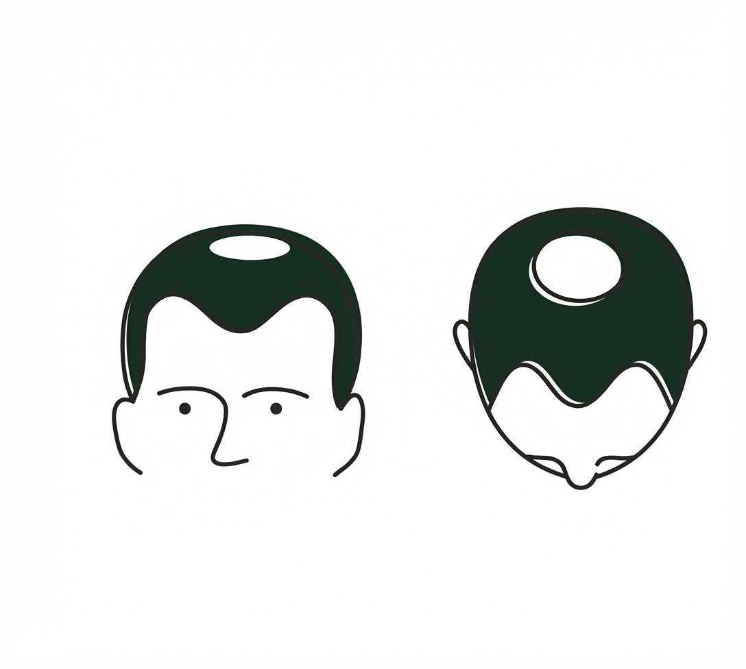 Illustration showing front and top views of male pattern baldness with a bald spot on the crown.