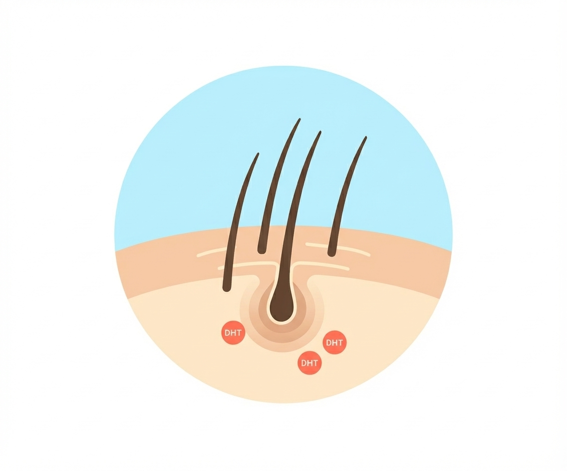 Illustration of a hair follicle on skin with four hairs growing and three red DHT molecules near the follicle.