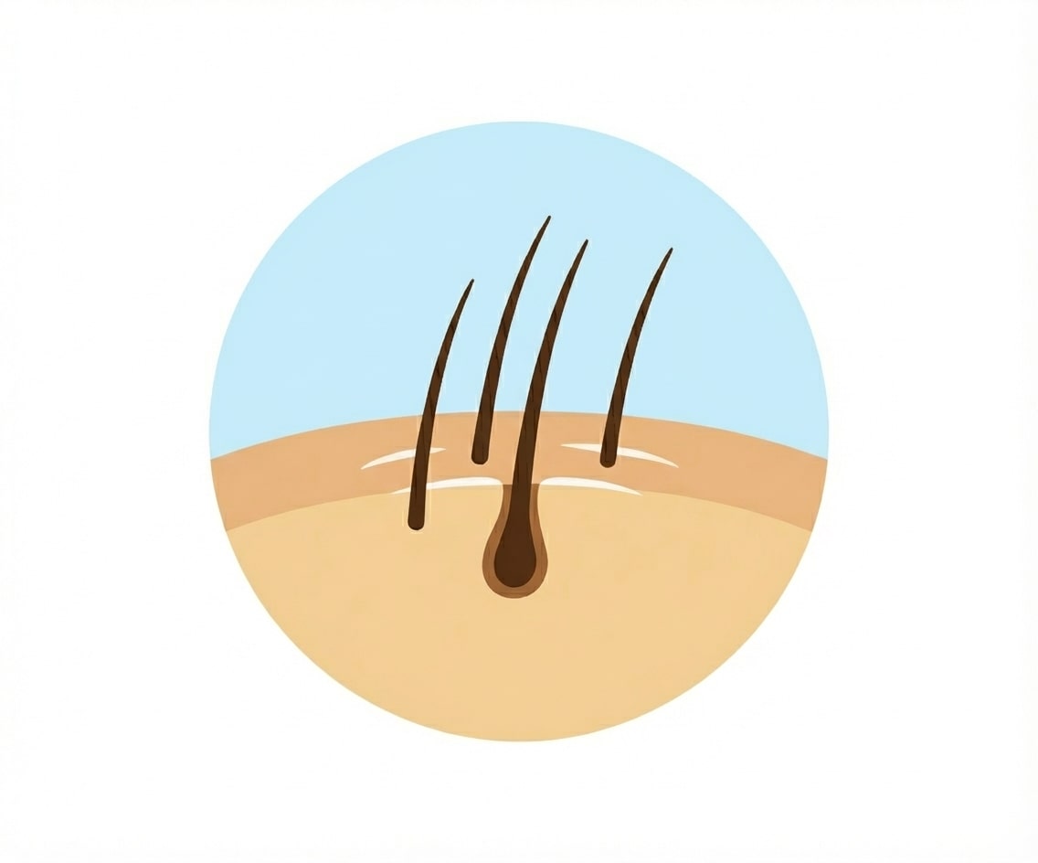 Illustration of hair follicles embedded in skin layers with hair strands extending above the surface.