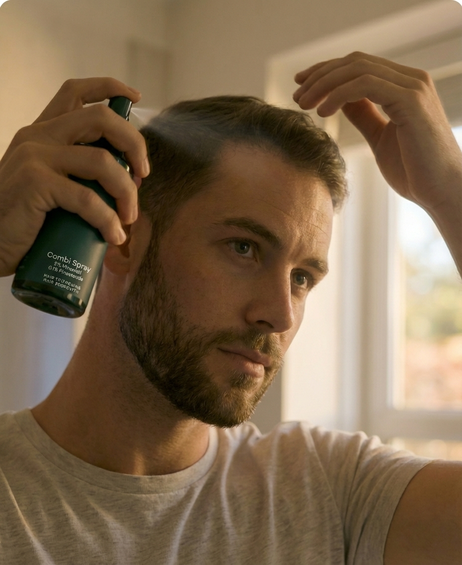 Bearded man spraying hair product on his short hair while looking in the mirror.