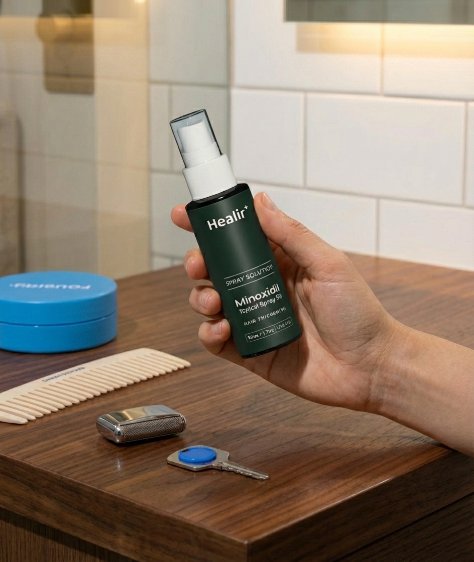 Hand holding a dark green spray bottle labeled Healim+ Minoxidil topical spray solution for hair thickening on a wooden surface with a comb, a blue container, a key, and a silver mesh item.