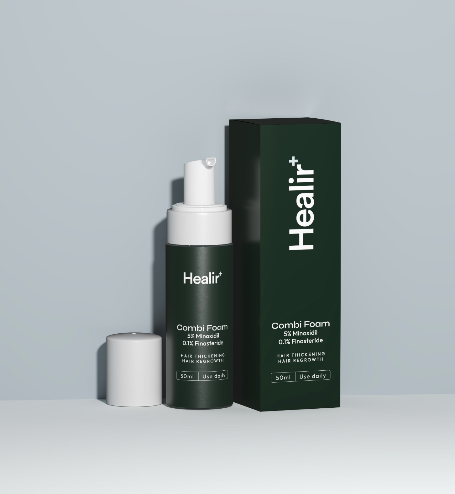 Healir Combi Foam hair thickening and regrowth product with 5% Minoxidil and 0.1% Finasteride in a green bottle and box, 50ml, for daily use.