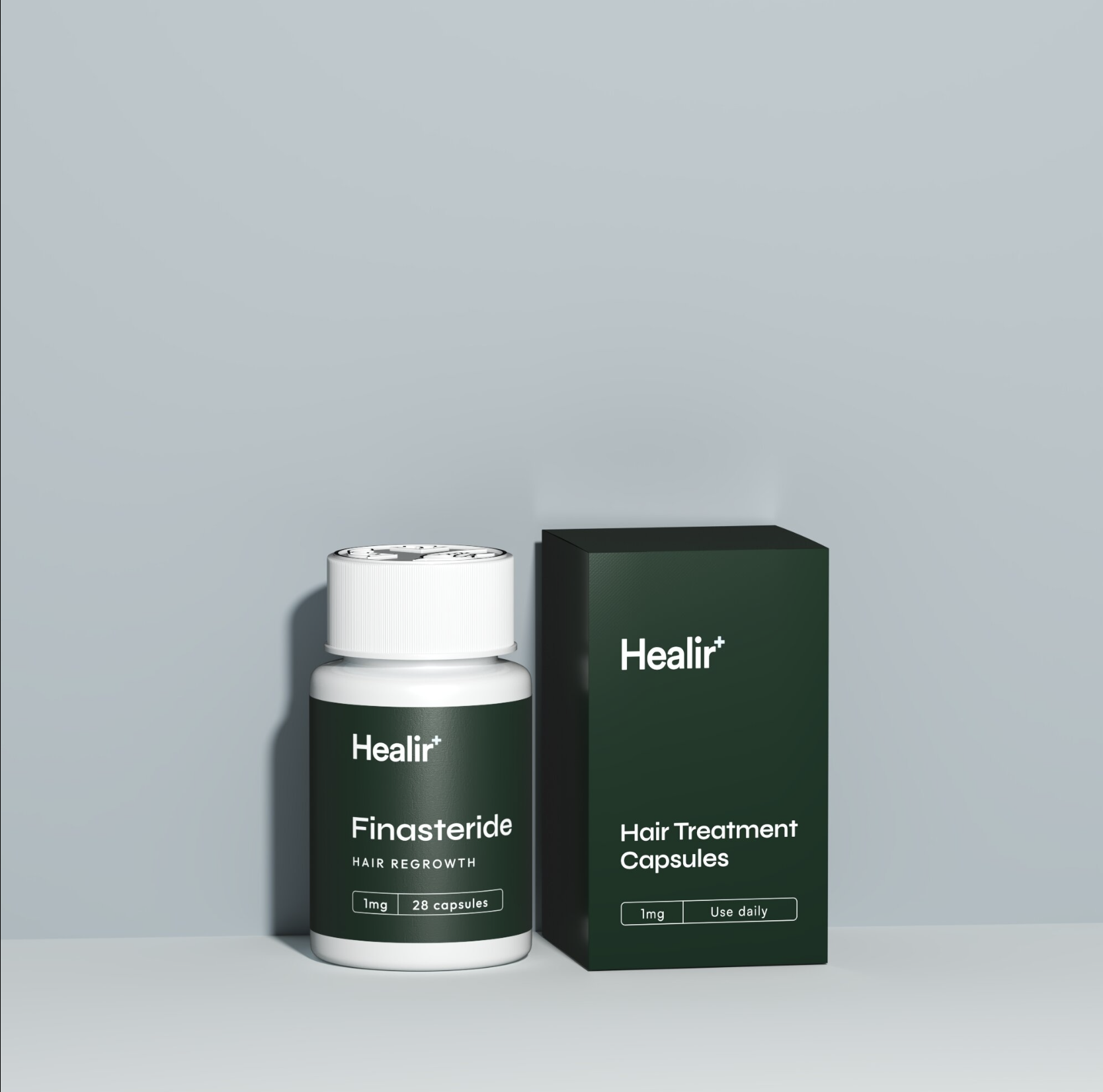 Bottle and box of Healin Finasteride hair treatment capsules for hair regrowth, 1mg, 28 capsules, use daily.