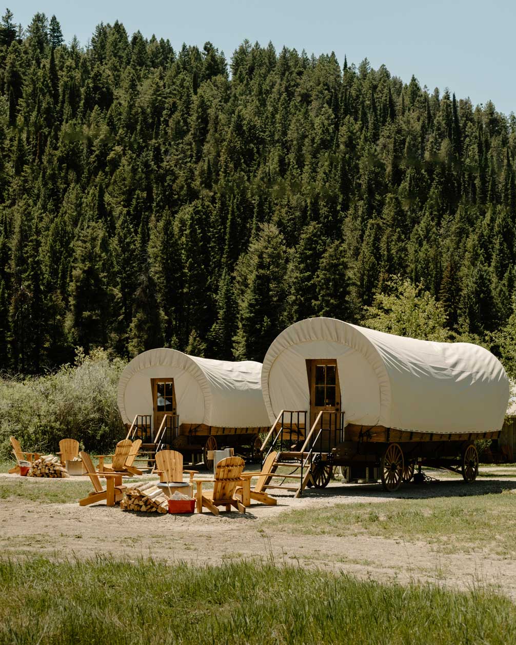 Covered glamping wagons at a glamping resort