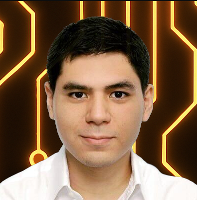 Portrait of a man with short black hair wearing a white shirt against a glowing circuit board background.
