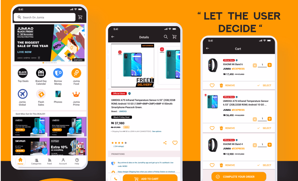 Jumia checkout redesign screens from the Let the User Decide case study