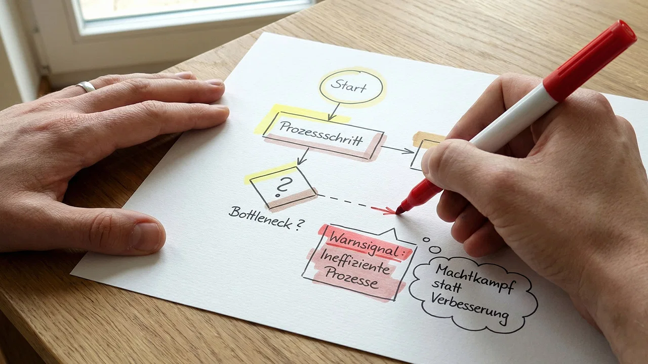 Hand zeichnet mit rotem Stift ein Prozessdiagramm auf Papier und markiert einen möglichen „Bottleneck“ mit Hinweis „Warnsignal: Ineffiziente Prozesse“ und „Machtkampf statt Verbesserung“.