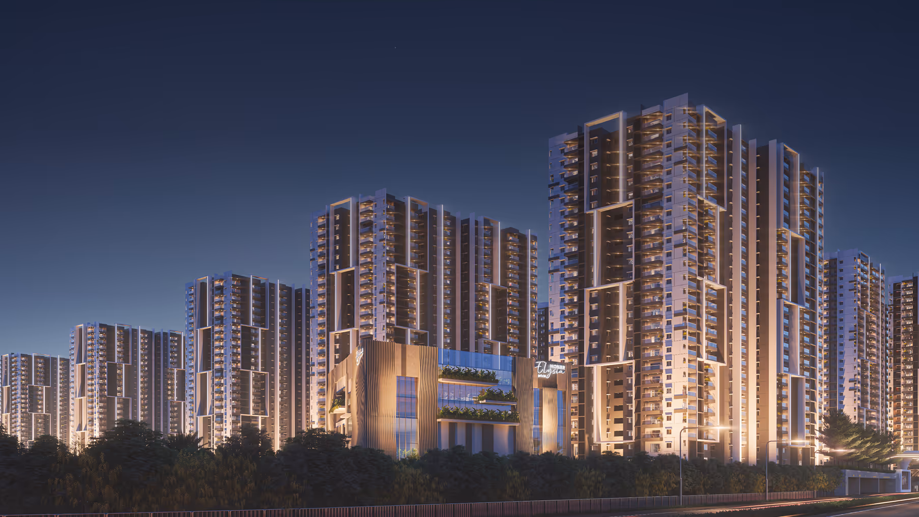 Modern illuminated high-rise residential buildings at dusk with a central community facility surrounded by trees.