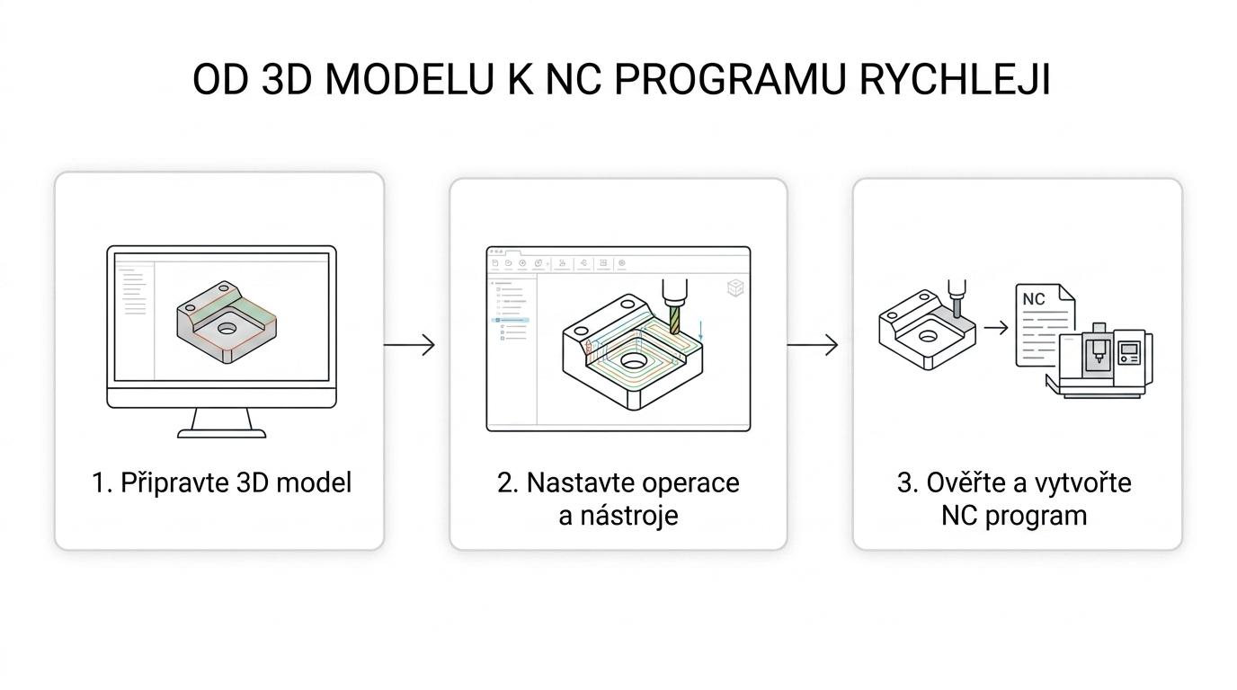 Schéma postupu od 3D CAD modelu přes CAM nastavení a toolpath k NC programu a CNC stroji.