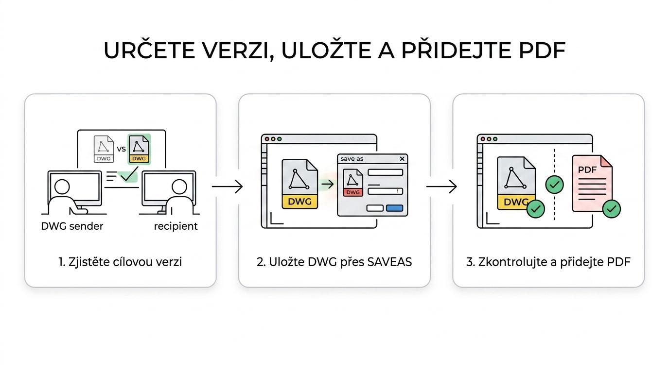 Schéma postupu: zjistit cílovou verzi DWG, uložit přes SAVEAS, zkontrolovat xrefy a fonty, a přiložit PDF.