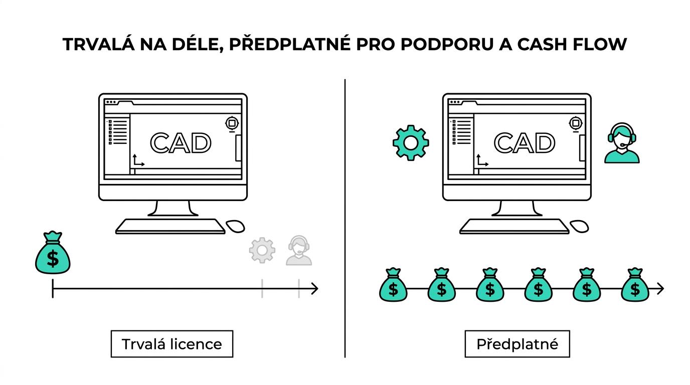 Srovnání trvalé CAD licence a ročního předplatného podle doby používání, aktualizací, podpory, přenosu licence a dlouhodobých nákladů.