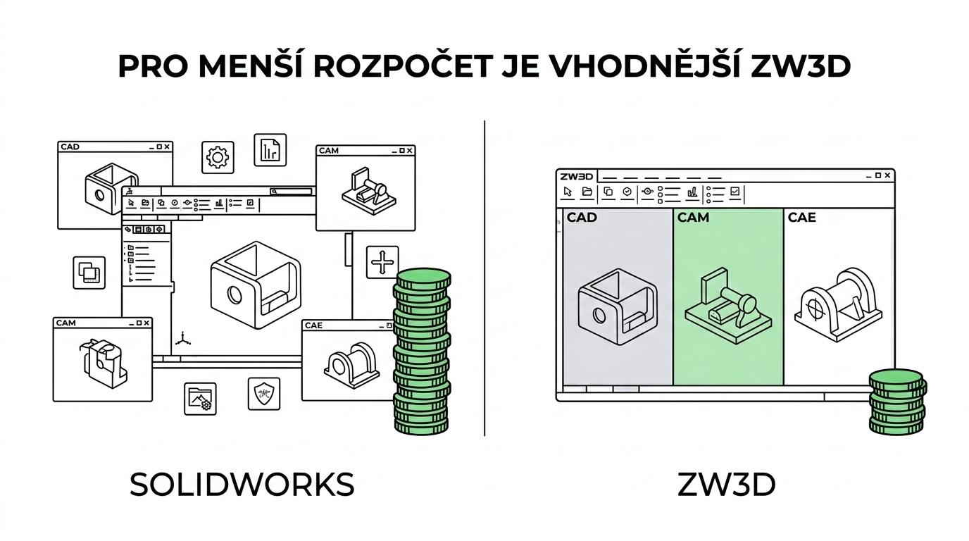 Srovnání ZW3D a SOLIDWORKS podle licencování, nákladů, integrace CAD/CAM/CAE a vhodnosti pro malé a větší firmy.