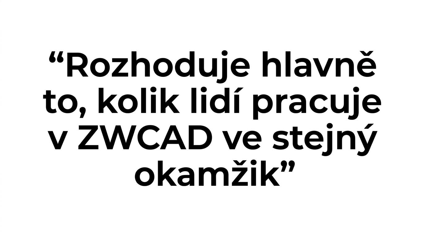 Citát se sdělením, že správná licence ZWCAD závisí na souběhu práce, ne na celkovém počtu lidí.