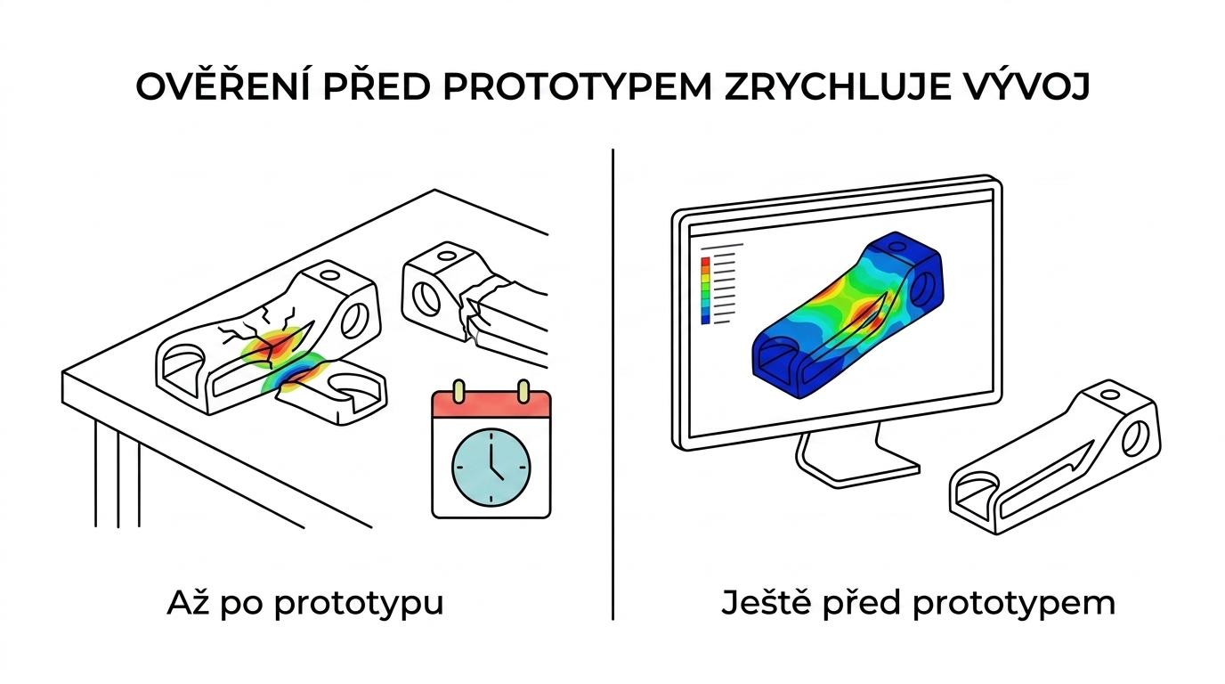 Vedle sebe dva postupy vývoje výrobku: vlevo čekání na fyzický prototyp a testování, vpravo digitální FEM simulace s úpravou modelu ještě před výrobou.