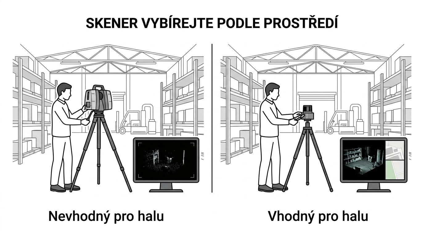 Srovnání tří LiDAR skenerů FJD Trion pro mobilní měření, velké venkovní stavby a interiérové průmyslové provozy.