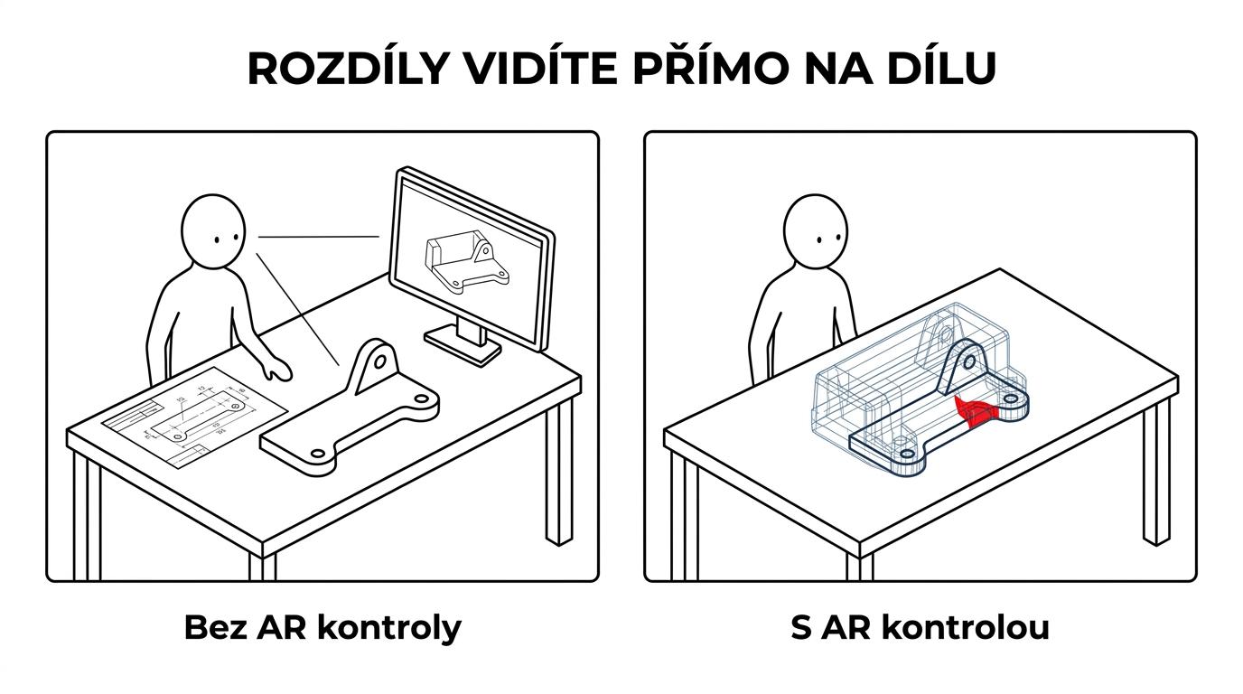 Srovnání kontroly dílu podle papírového výkresu a kontroly stejného dílu s AR překrytím CAD modelu přímo na výrobku.