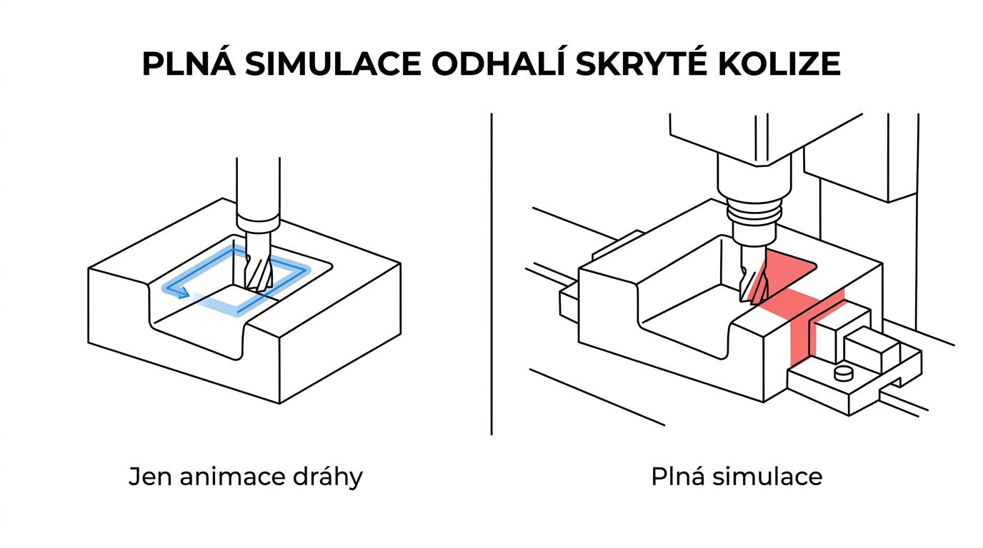 Srovnání jednoduché animace dráhy nástroje a plné CAM simulace se strojem, upnutím, držákem, materiálem a kontrolou kolizí.