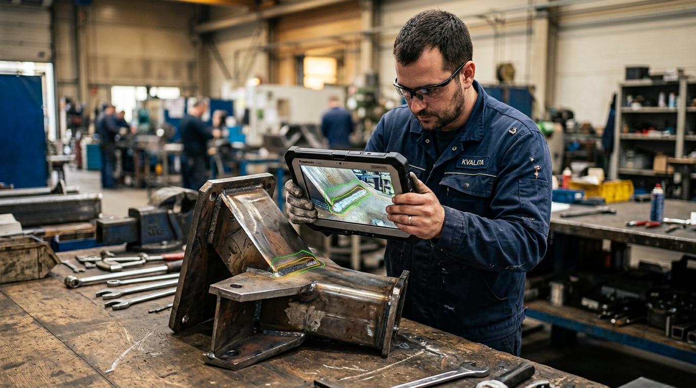 Technik kontroluje kovový díl tabletem s překrytým CAD modelem a barevně vyznačenými odchylkami.