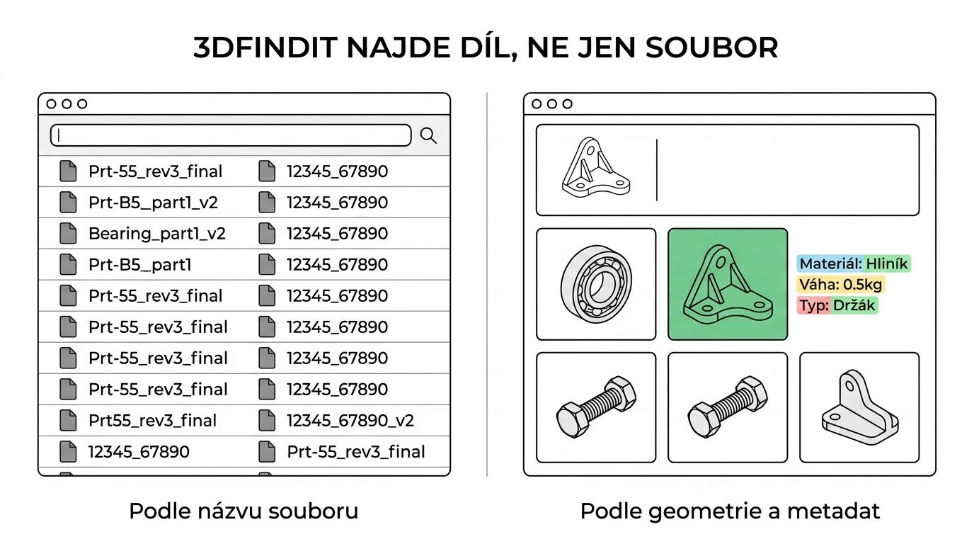 Srovnání běžného fulltextového hledání v PDM se 3DFindit podle názvu souboru, metadat, geometrie, skici a obrázku.