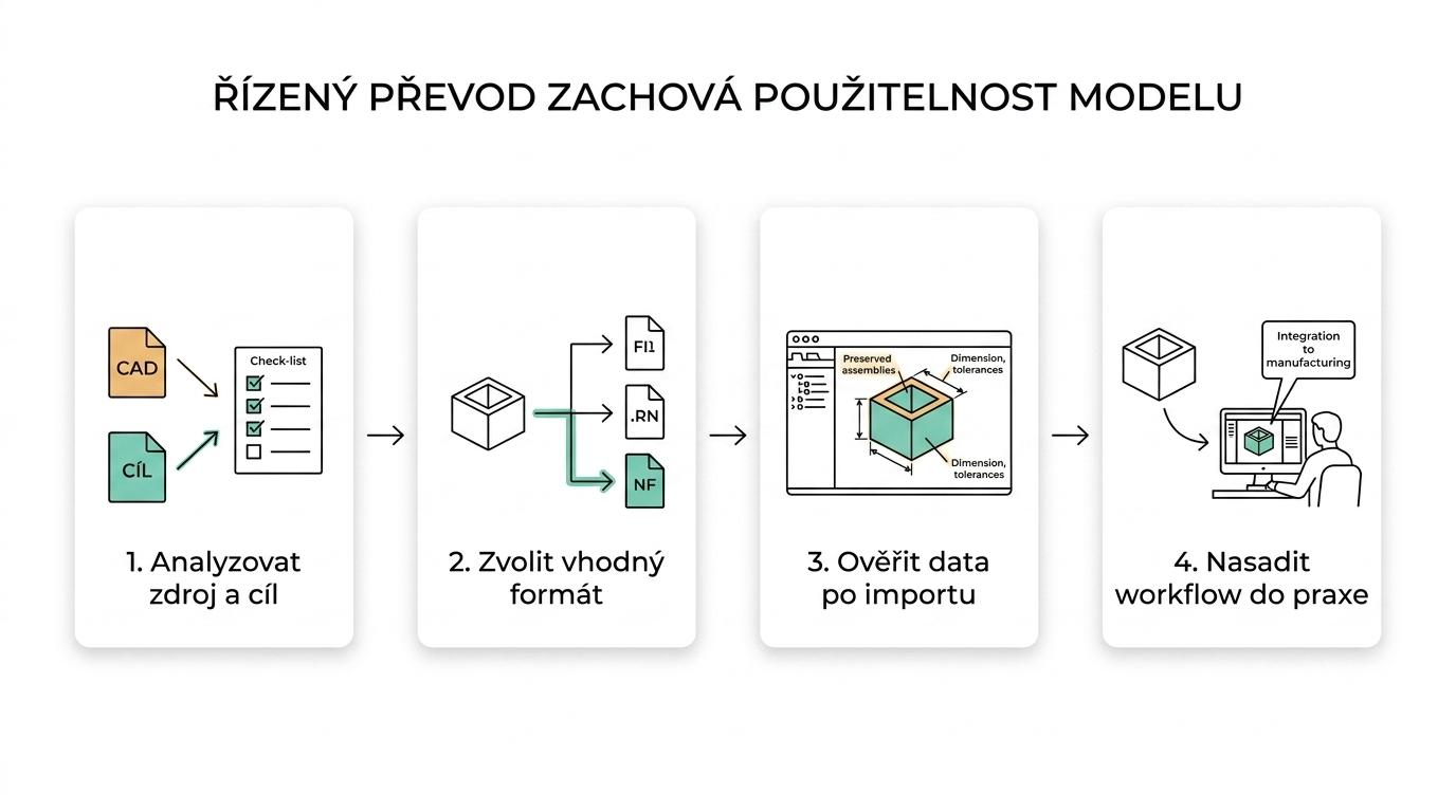 Schéma čtyř kroků převodu CAD dat od vstupní analýzy přes volbu formátu a kontrolu importu až po nasazení do praxe.