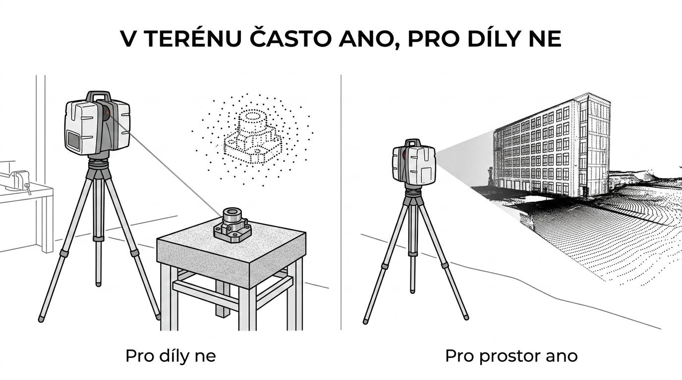 Srovnání terénního LiDAR skeneru a průmyslového 3D laserového skeneru s rozdíly v použití, georeferenci, dosahu a přesnosti.