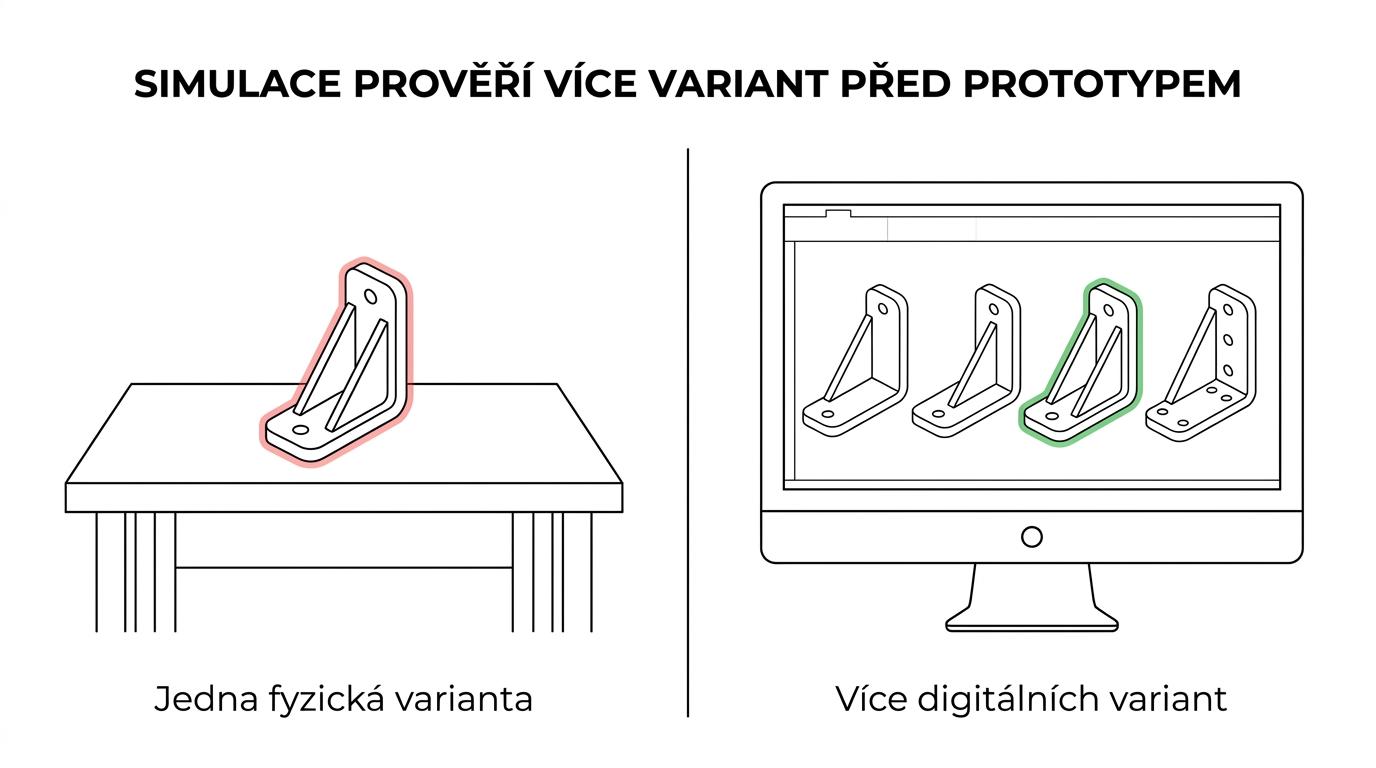 Srovnání fyzického prototypu jedné varianty s FEM simulací více návrhových variant před výrobou.