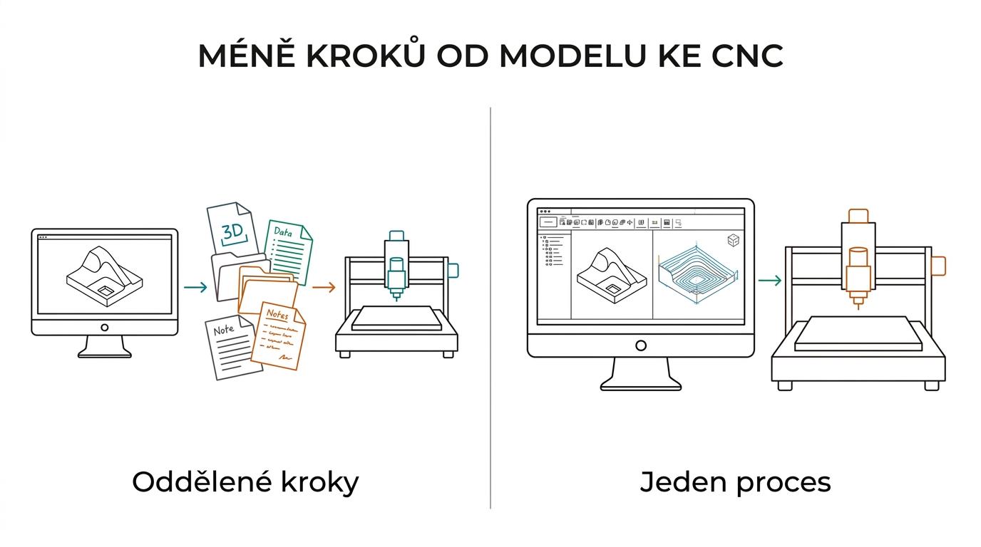 Srovnání dvou workflow: vlevo roztříštěný proces s exporty a ručními úpravami, vpravo integrovaný ZW3D CAD/CAM proces vedoucí přímo k CNC stroji.