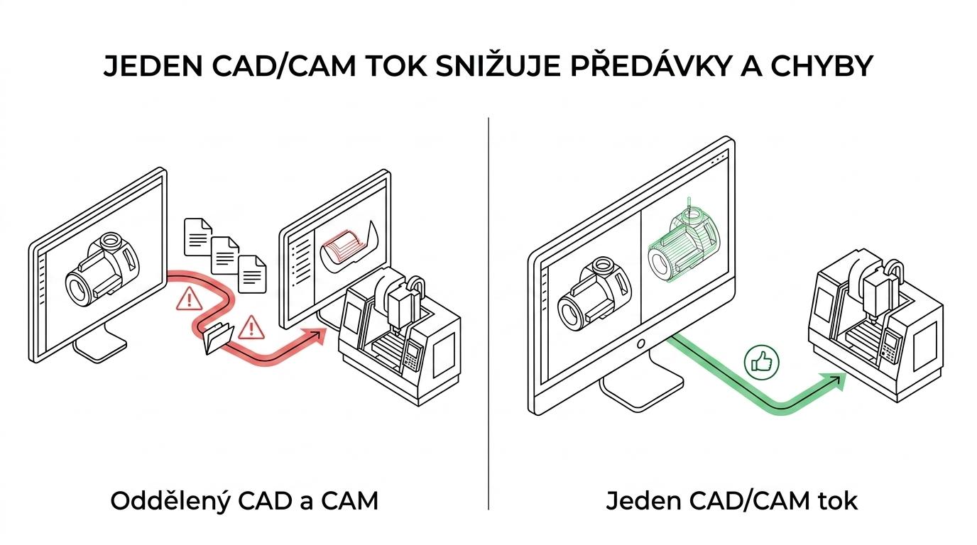 Srovnání odděleného workflow CAD a CAM s integrovaným CAD/CAM v jednom systému.