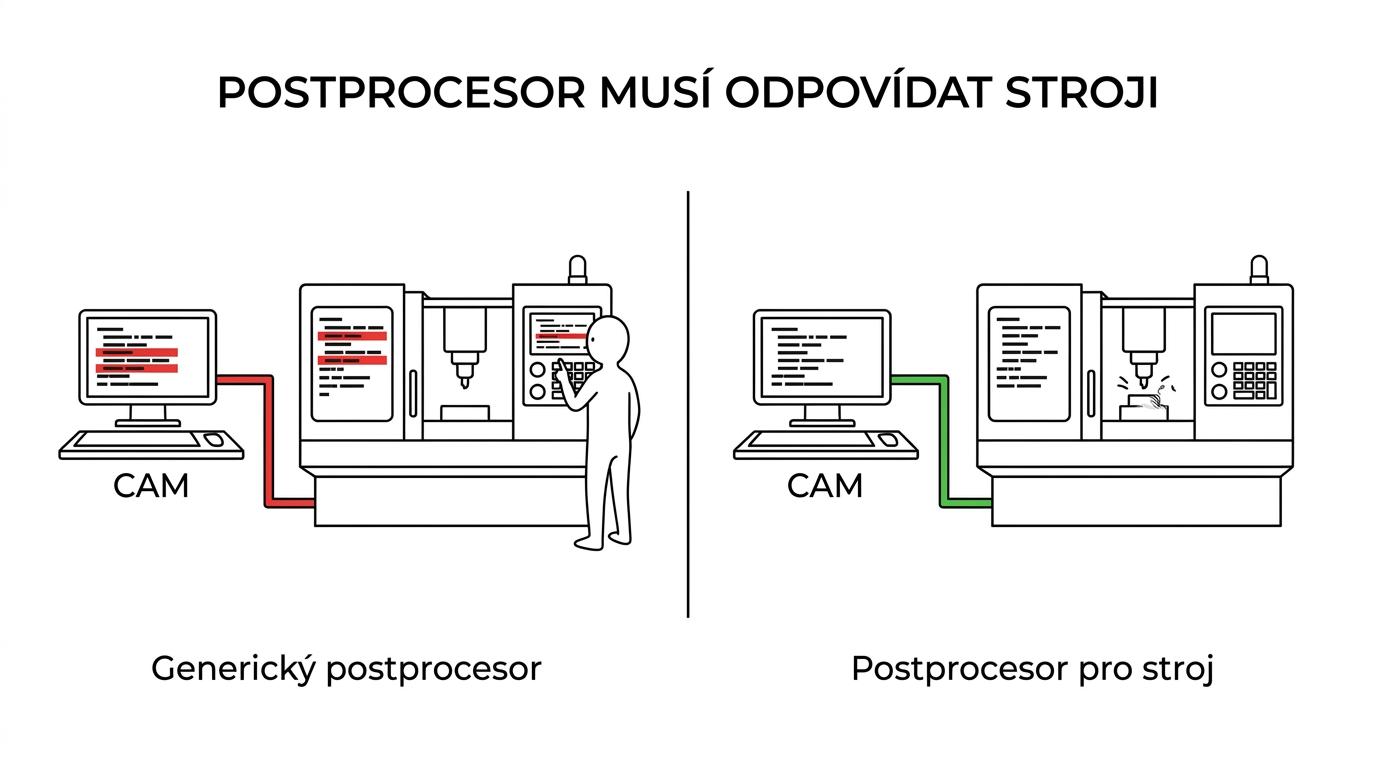 Srovnání generického CAM výstupu s ručními úpravami G-kódu a správně přizpůsobeného NC programu pro konkrétní CNC stroj.