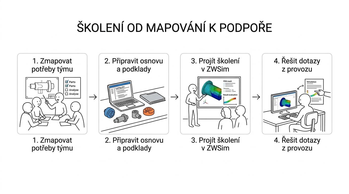 Schéma čtyř kroků spolupráce: mapování potřeb, příprava osnovy, školení ZWSim Structural a následná podpora.
