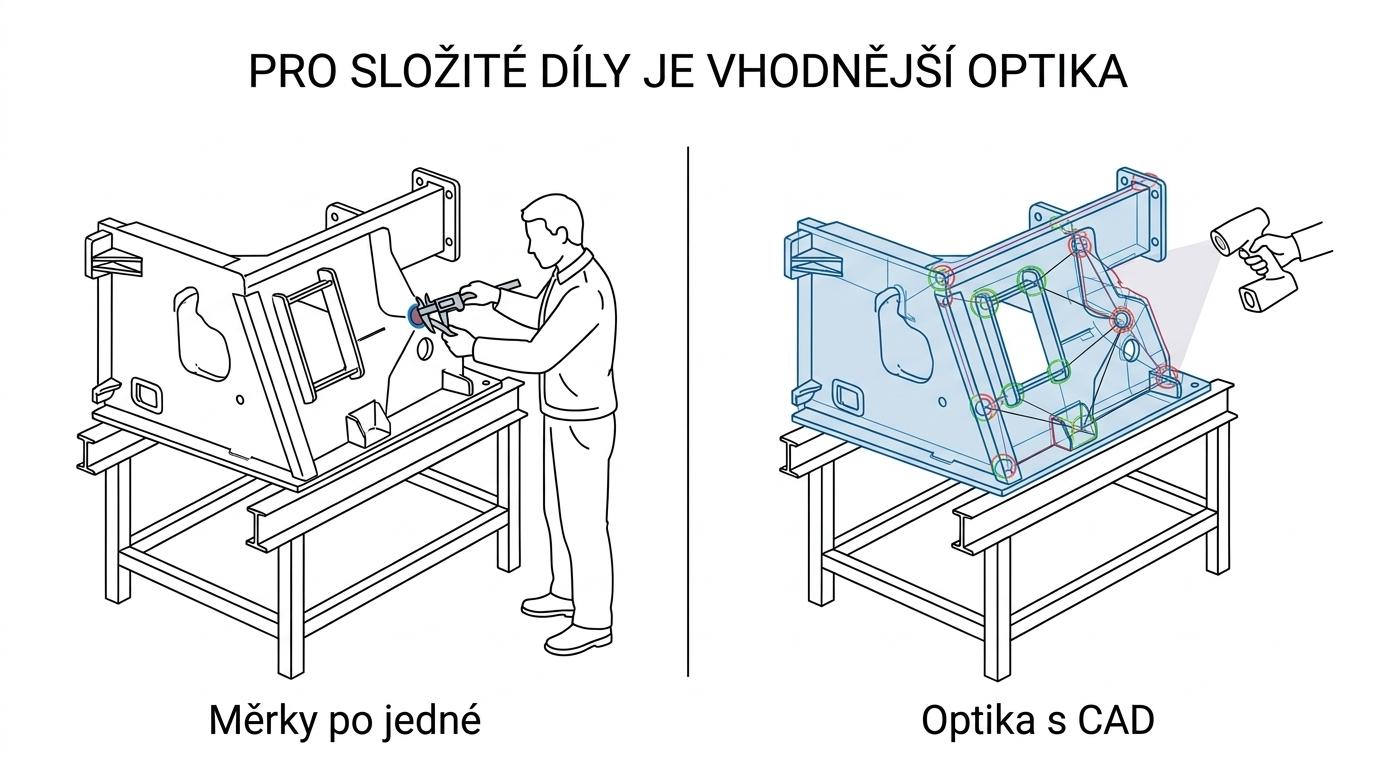 Srovnání jednoduchého dílu kontrolovaného klasickým kalibrem a velkého složitého dílu skenovaného opticky proti CAD modelu.