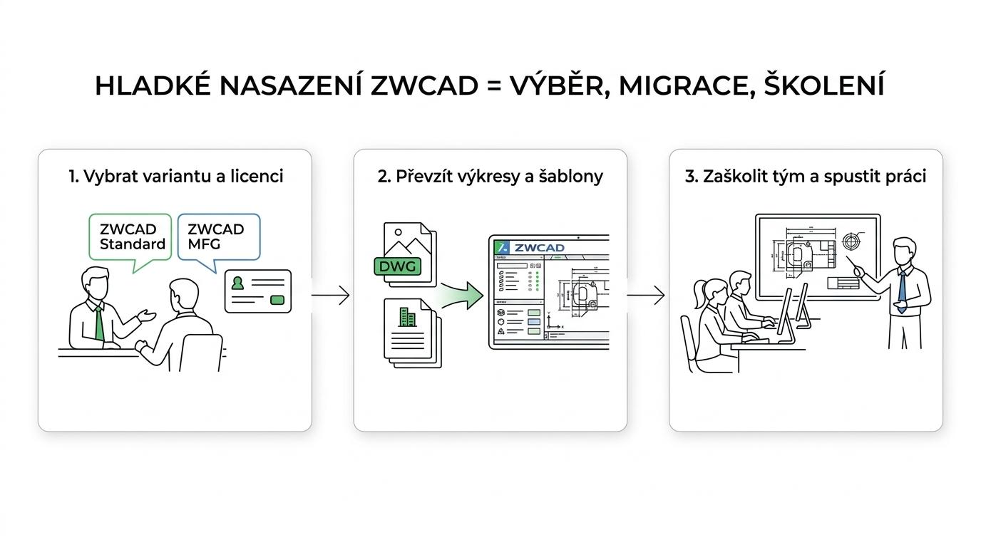Schéma nasazení ZWCAD ve firmě od výběru varianty přes migraci DWG a školení až po běžný provoz a podporu.