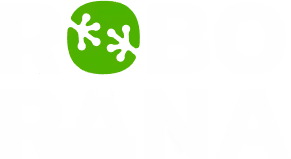 Logo with the text ROBO RANA split into two lines and a green circle with frog footprints between the O and B.