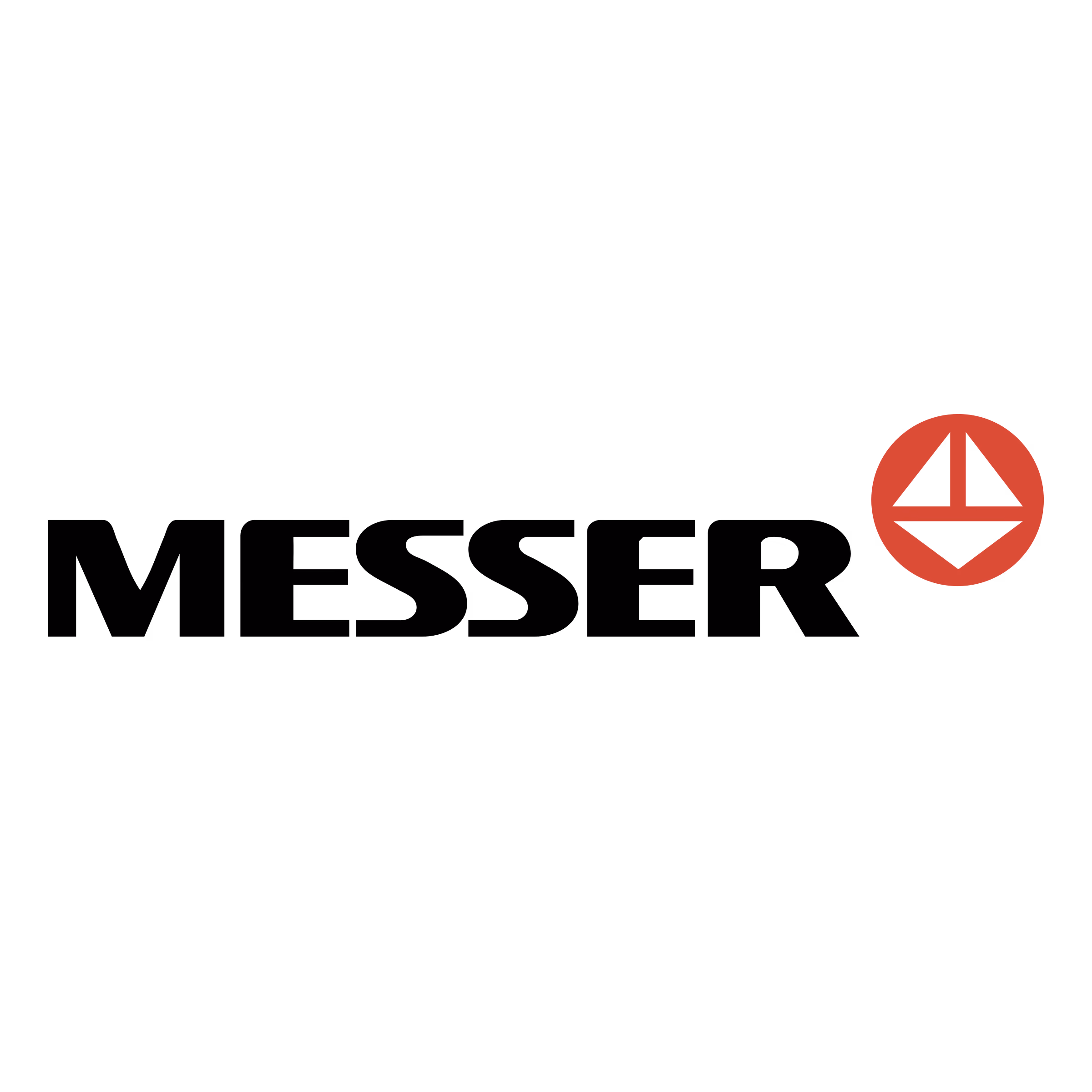 Messer company logo with black text and a red circle containing a geometric sailboat shape.
