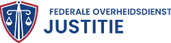 Federale Overheidsdienst Justitie logo with a blue shield featuring white scales of justice and a sword, and bold blue text.