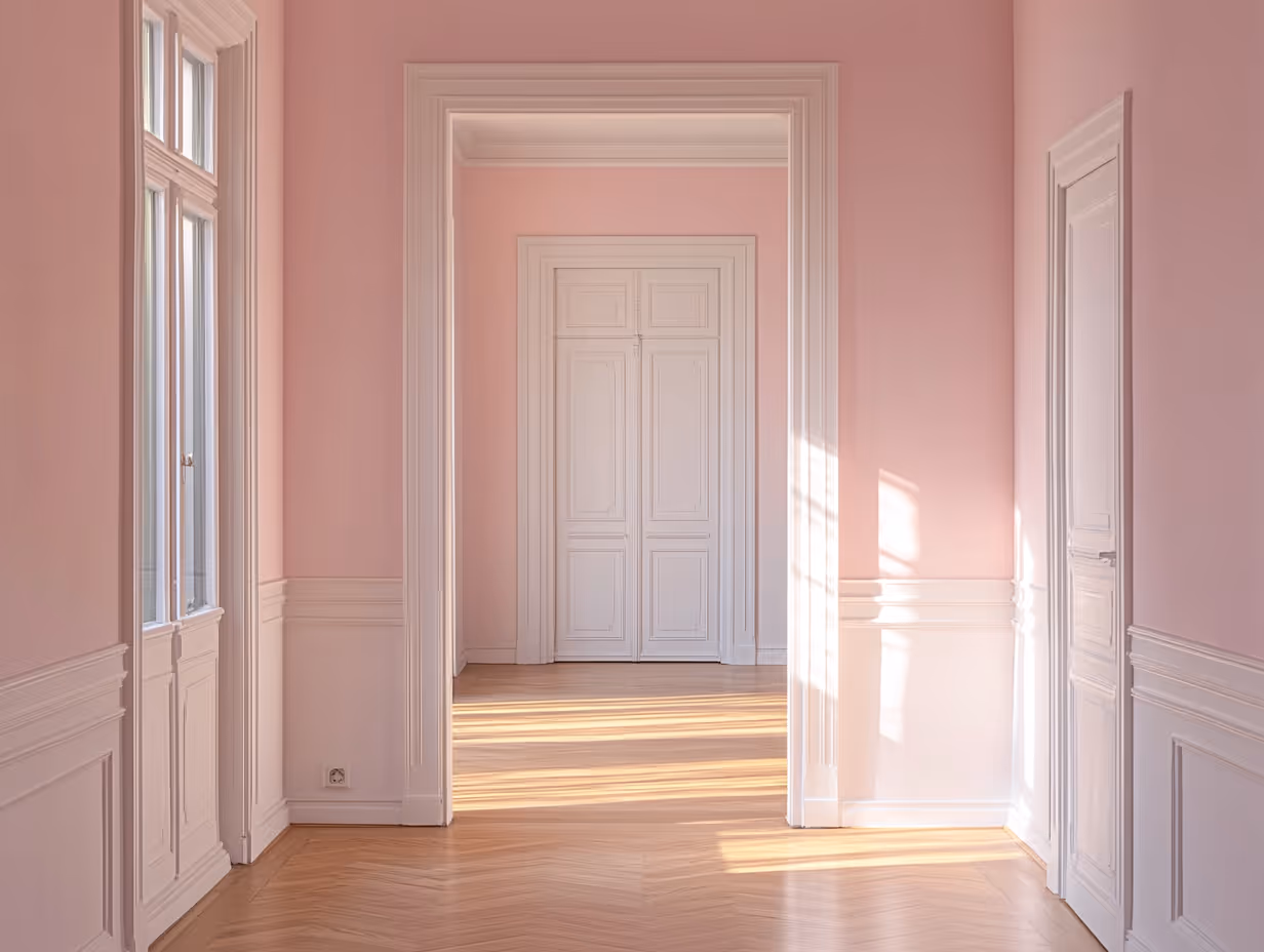Sunlit empty interior with pastel pink walls, white doors, and wood herringbone floor.