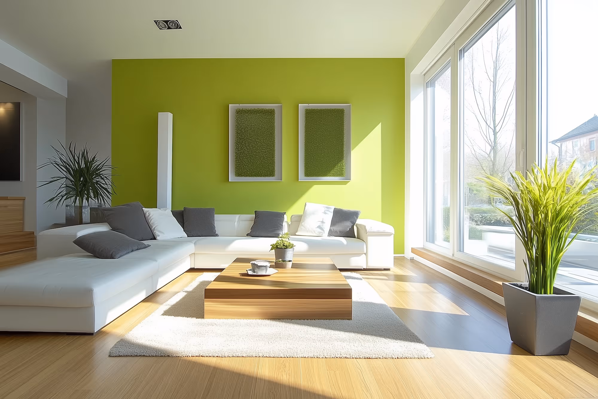 Bright modern living room with white sectional sofa, green accent wall, wooden coffee table, and large windows.
