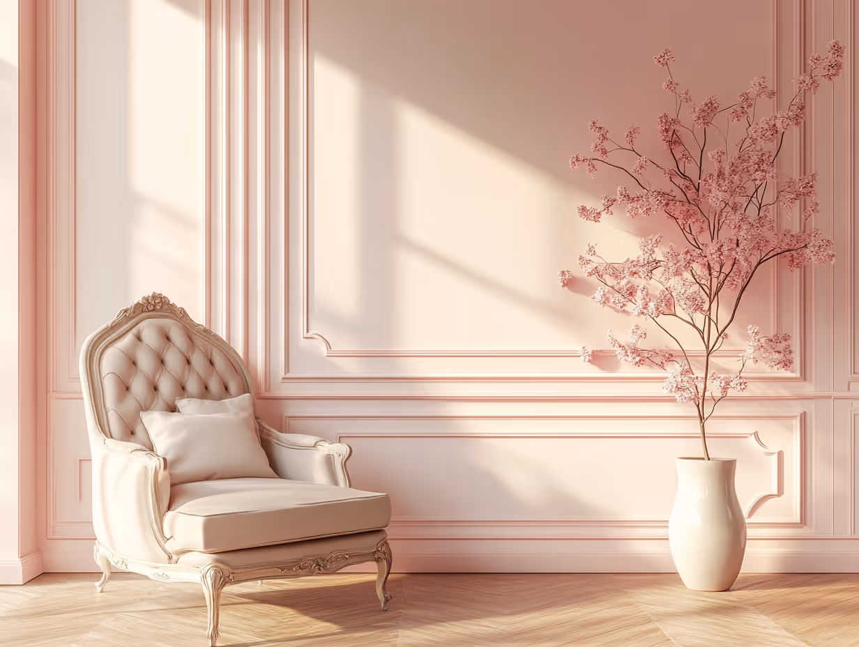 Elegant cream armchair with a cushion beside a white vase holding pink flowering branches.
