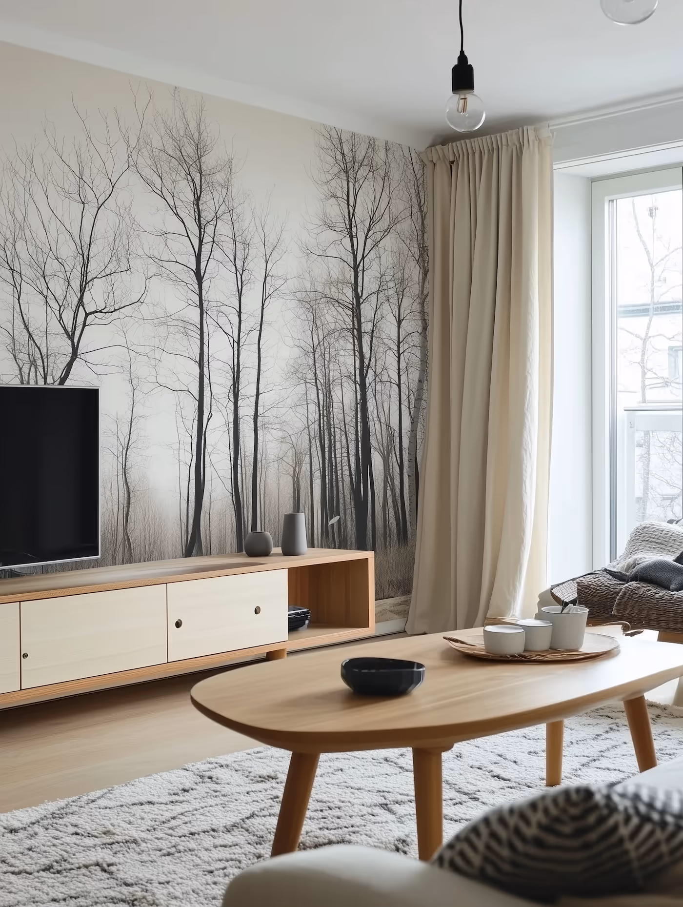 Modern living room with wooden coffee table, TV console, forest wall mural, and large window with beige curtains.