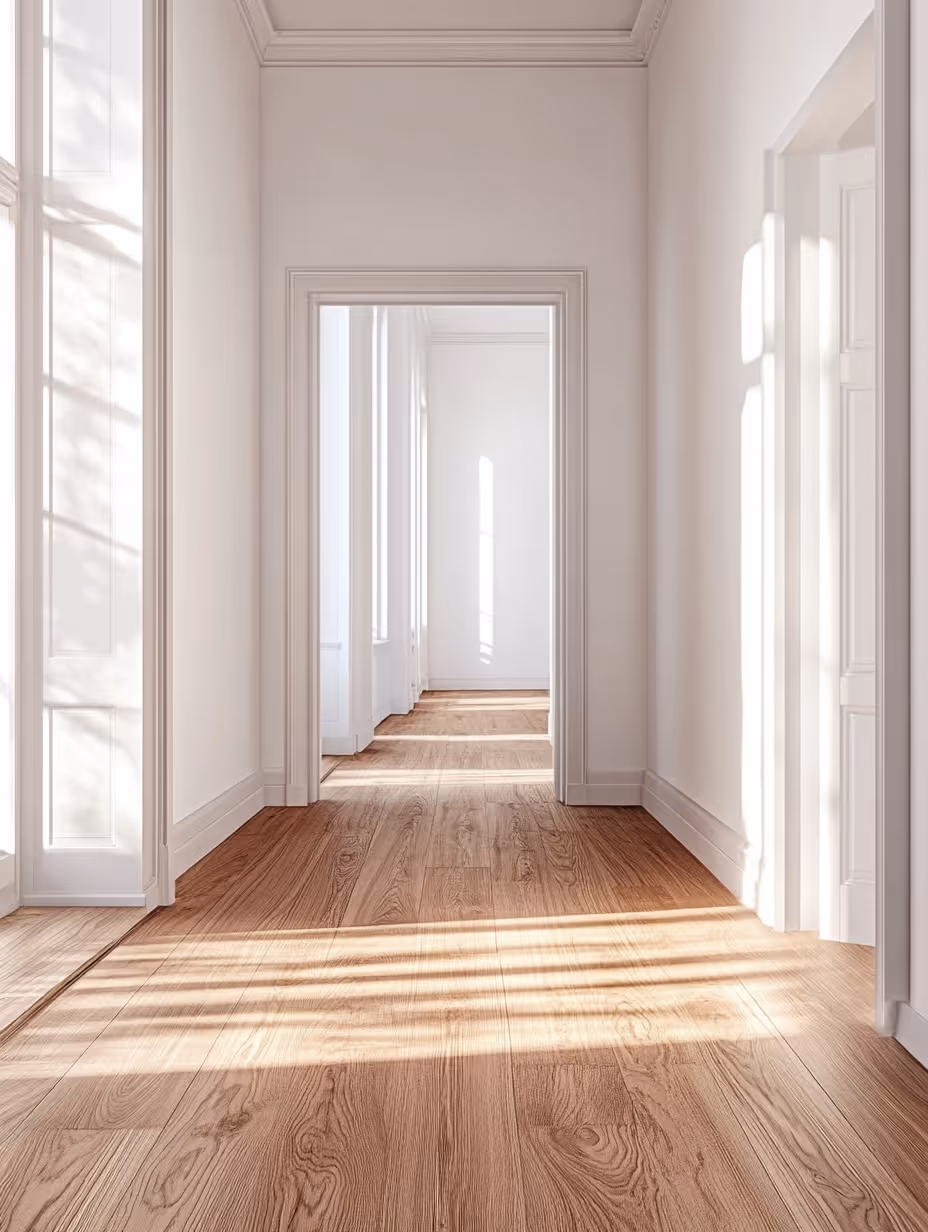 Sunlit interior hallway with light wood laminate flooring and white walls and door frames.