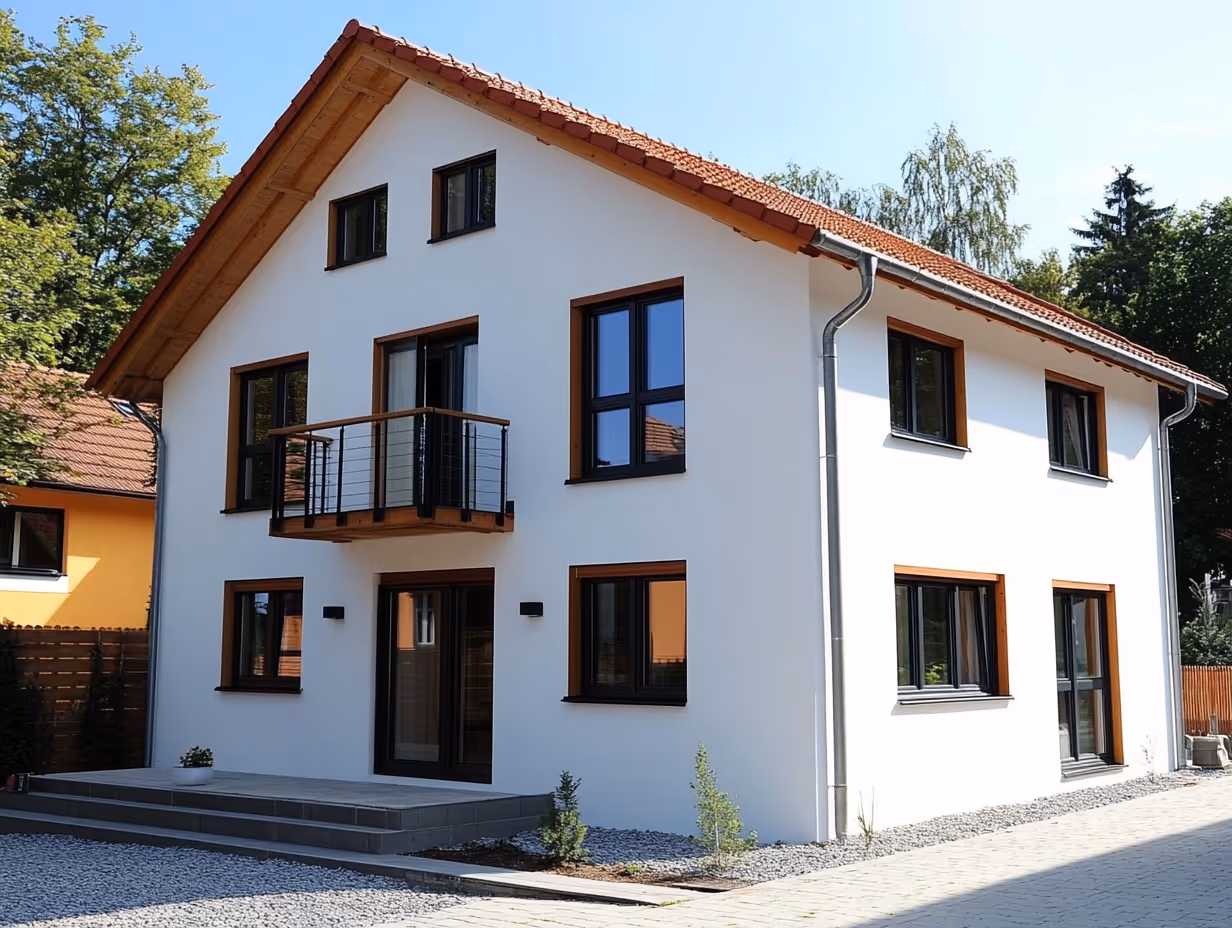 Modern two-story white house with wooden window frames and a small balcony on the front.