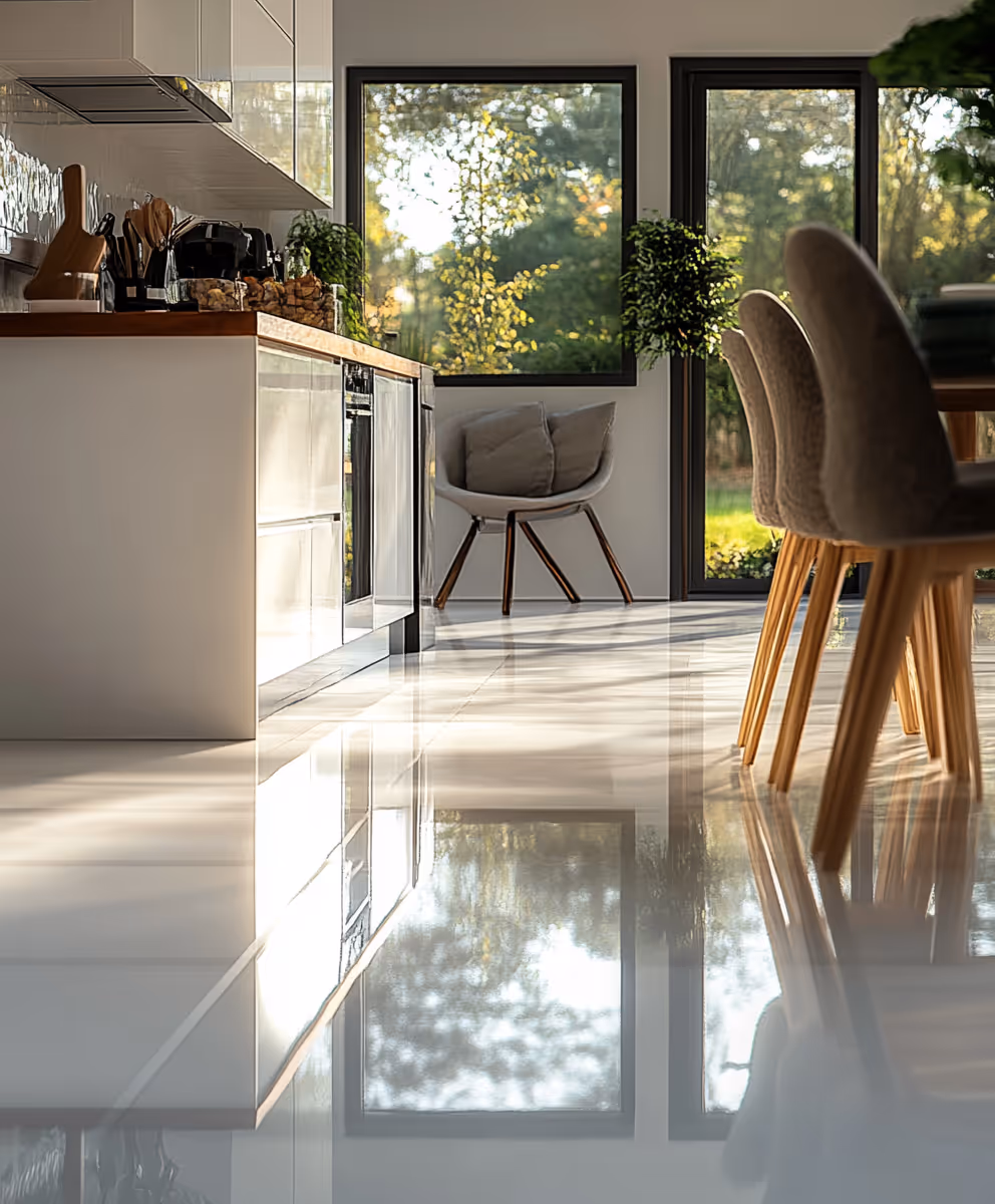 Modern kitchen with reflective tiled floor, wooden countertop, dining chairs, and large windows showing greenery.