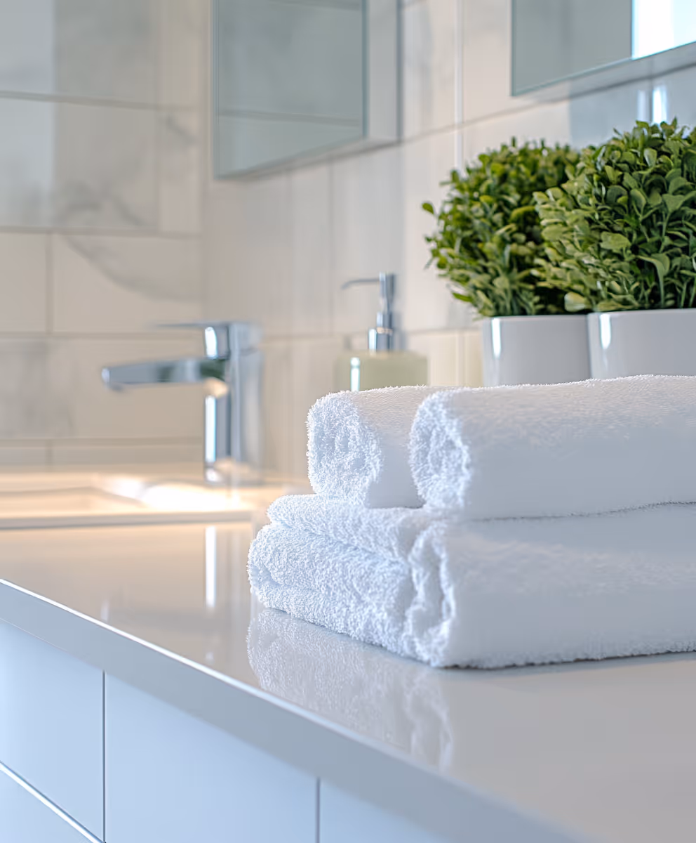 Three neatly rolled white towels stacked on a bathroom countertop beside green potted plants.