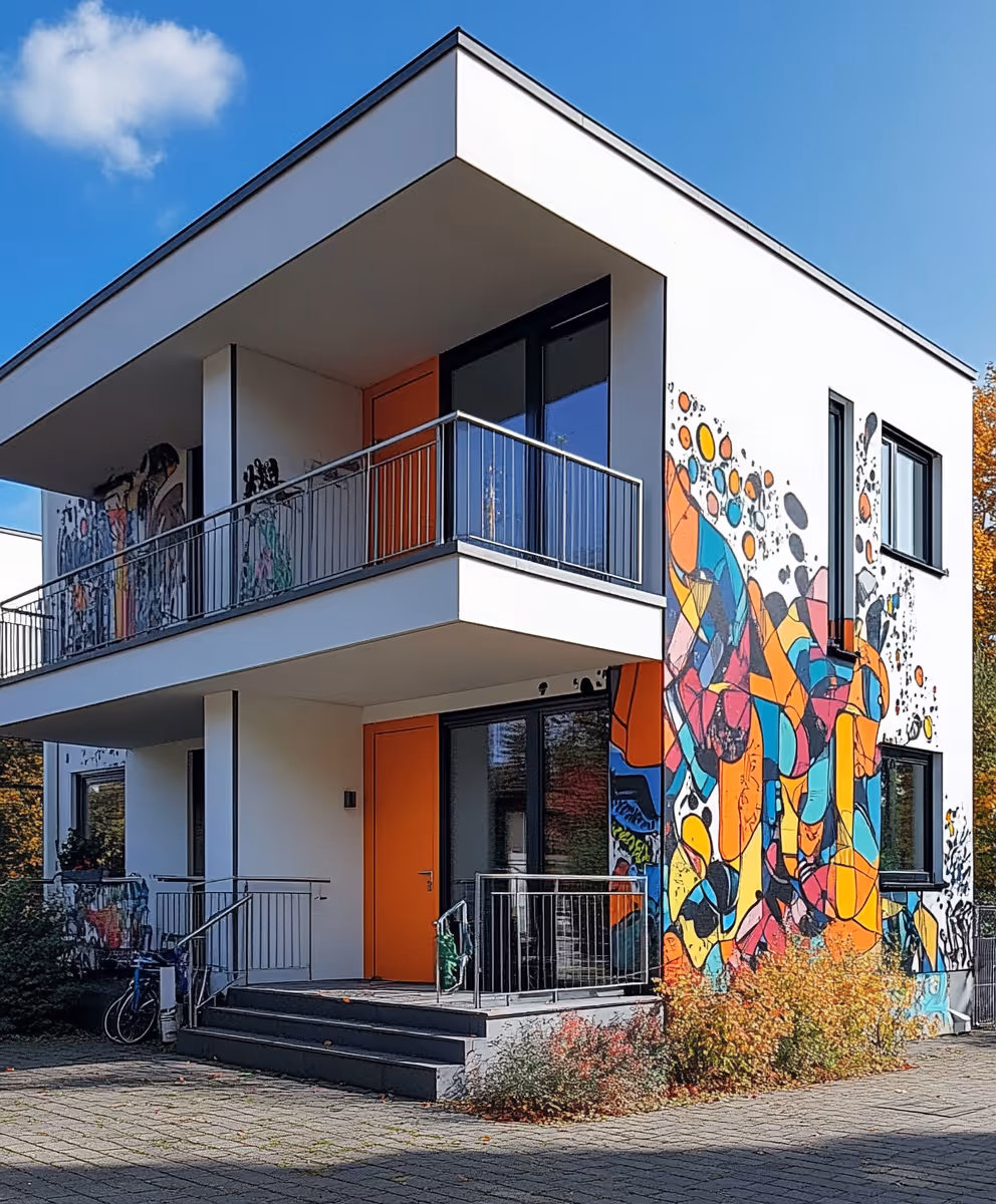 Modern white two-story house with orange doors and colorful graffiti art on the side wall.