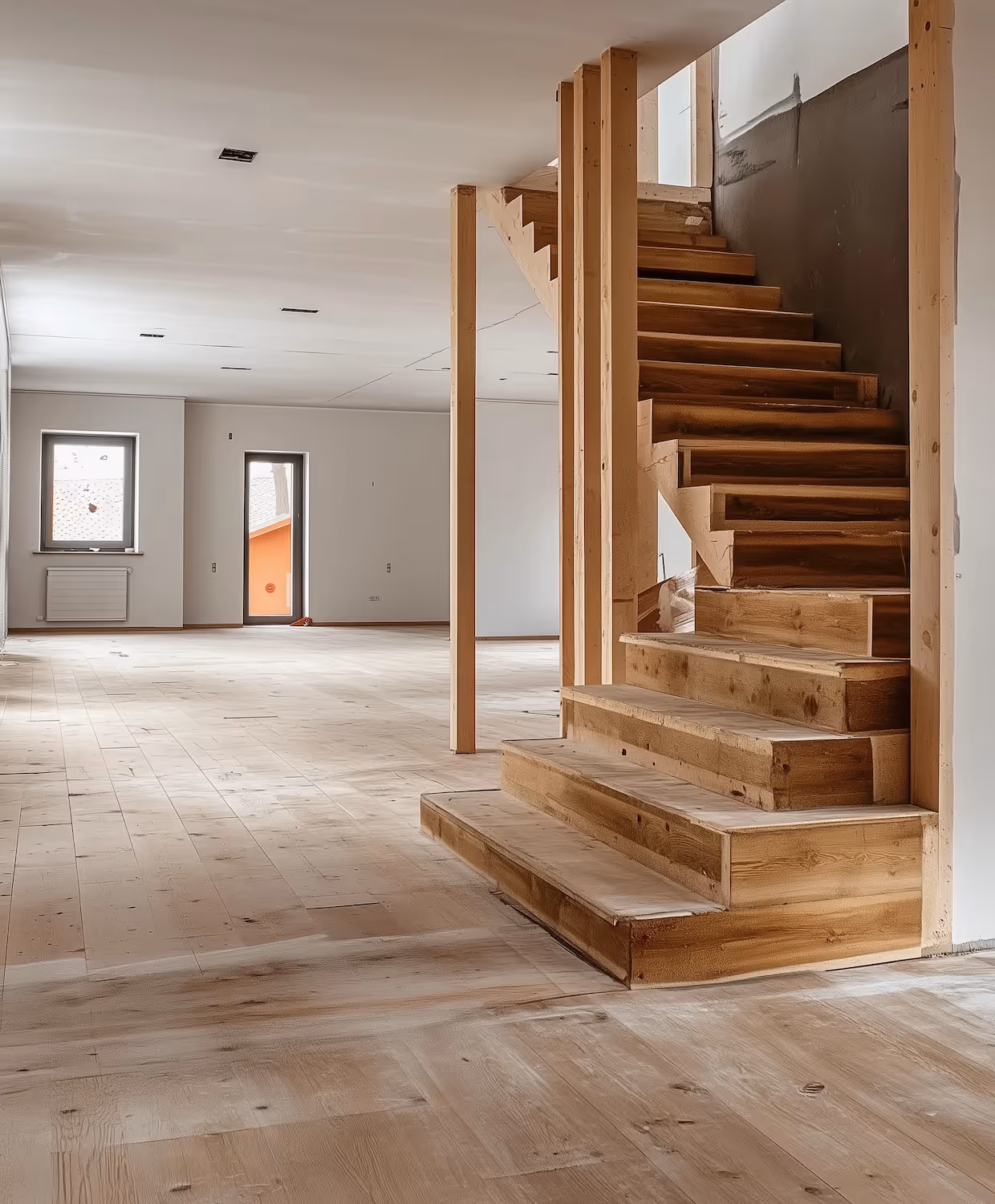 Spacious empty room with unfinished wooden staircase and light wood flooring under construction.